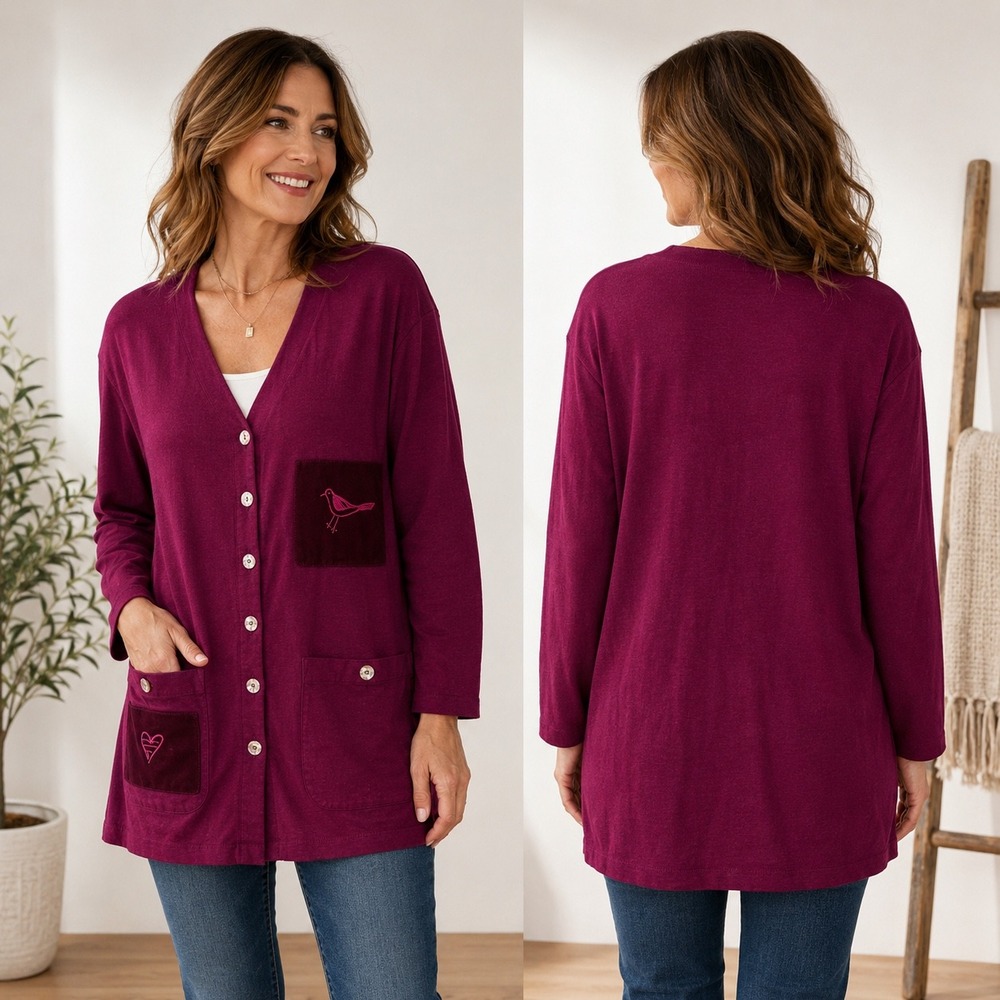 Johnny Was Long Cardigan Women S Magenta Bird Heart Velvet Patch Cotton